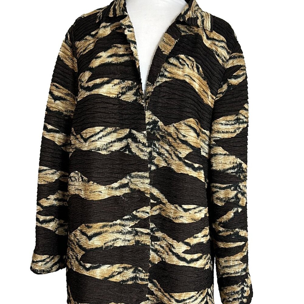 Chicos Womens Size 2 Large Blazer Tiger Animal Print Brown Open Front Crinkle